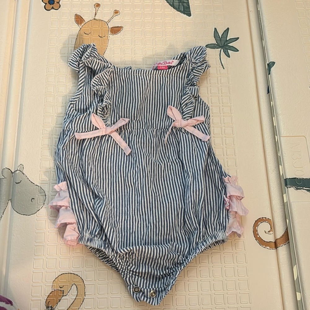 Ruffle Butts Blue and Pink Striped Ruffle One-Piece Bodysuit
